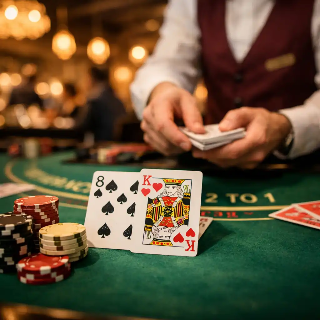Low-angle view of a blackjack table with cards, chips, and a dealer's hands in an upscale restaurant