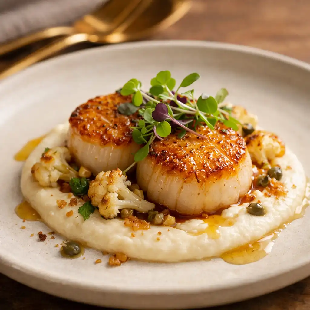 Beautifully plated modern Australian brasserie dish with seared scallop and cauliflower purée