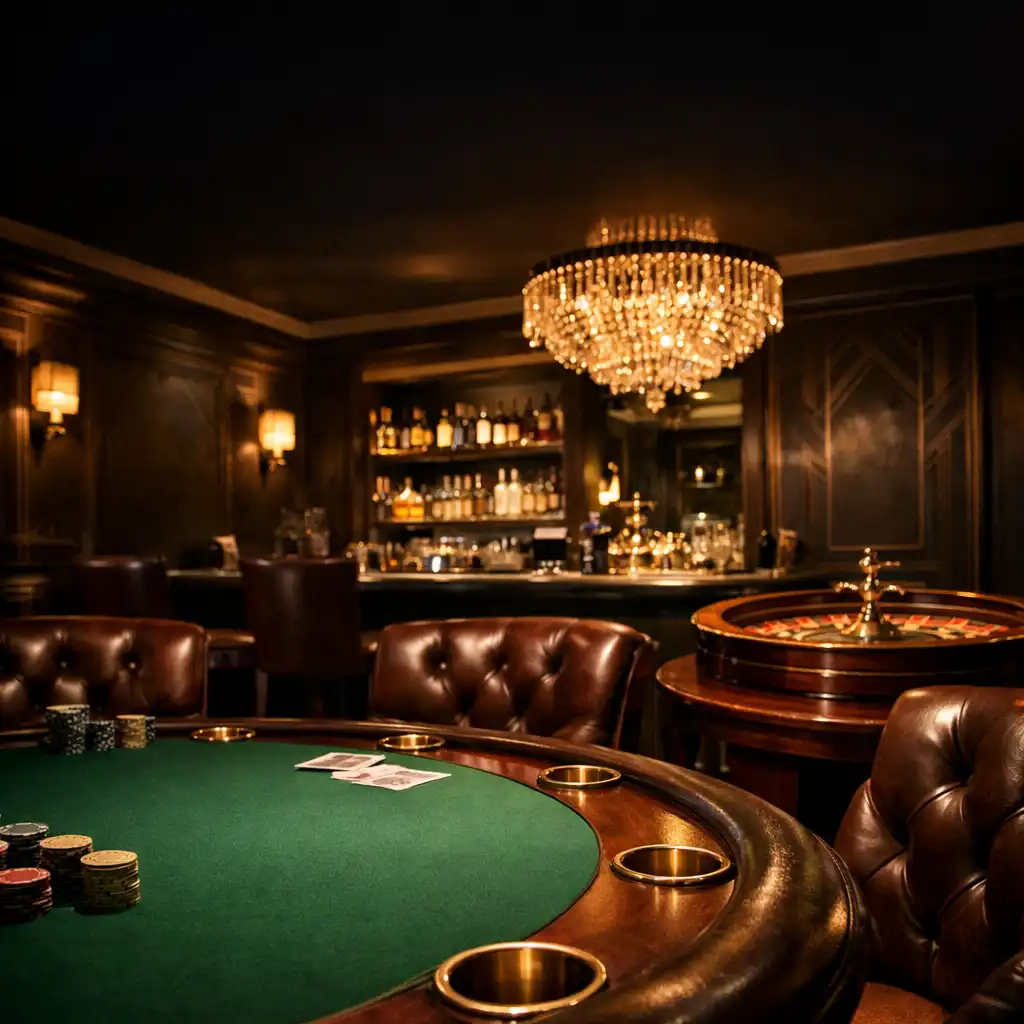 Casino Lounge with poker table, roulette wheel, and leather chairs in a moody, sophisticated setting