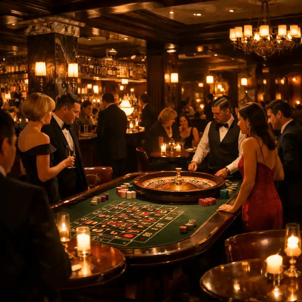 Dimly lit brasserie interior with roulette table and guests in elegant attire