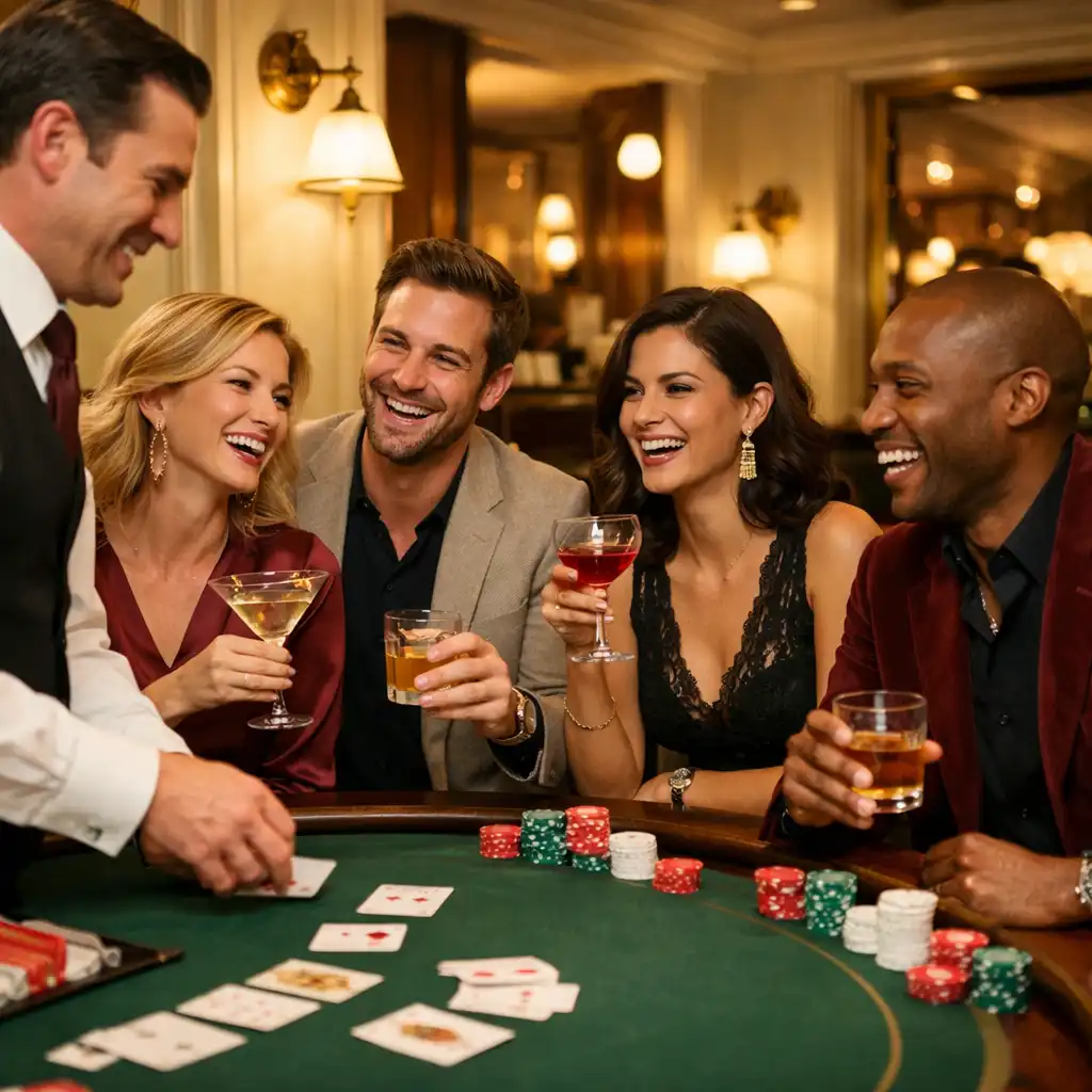 Stylishly dressed group enjoying a social table game with cocktails at ADSIGHT LTD