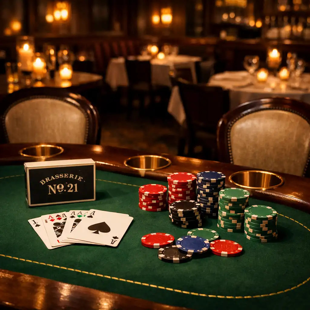 Casino-inspired poker table setup with green felt, cards, and chips at ADSIGHT LTD