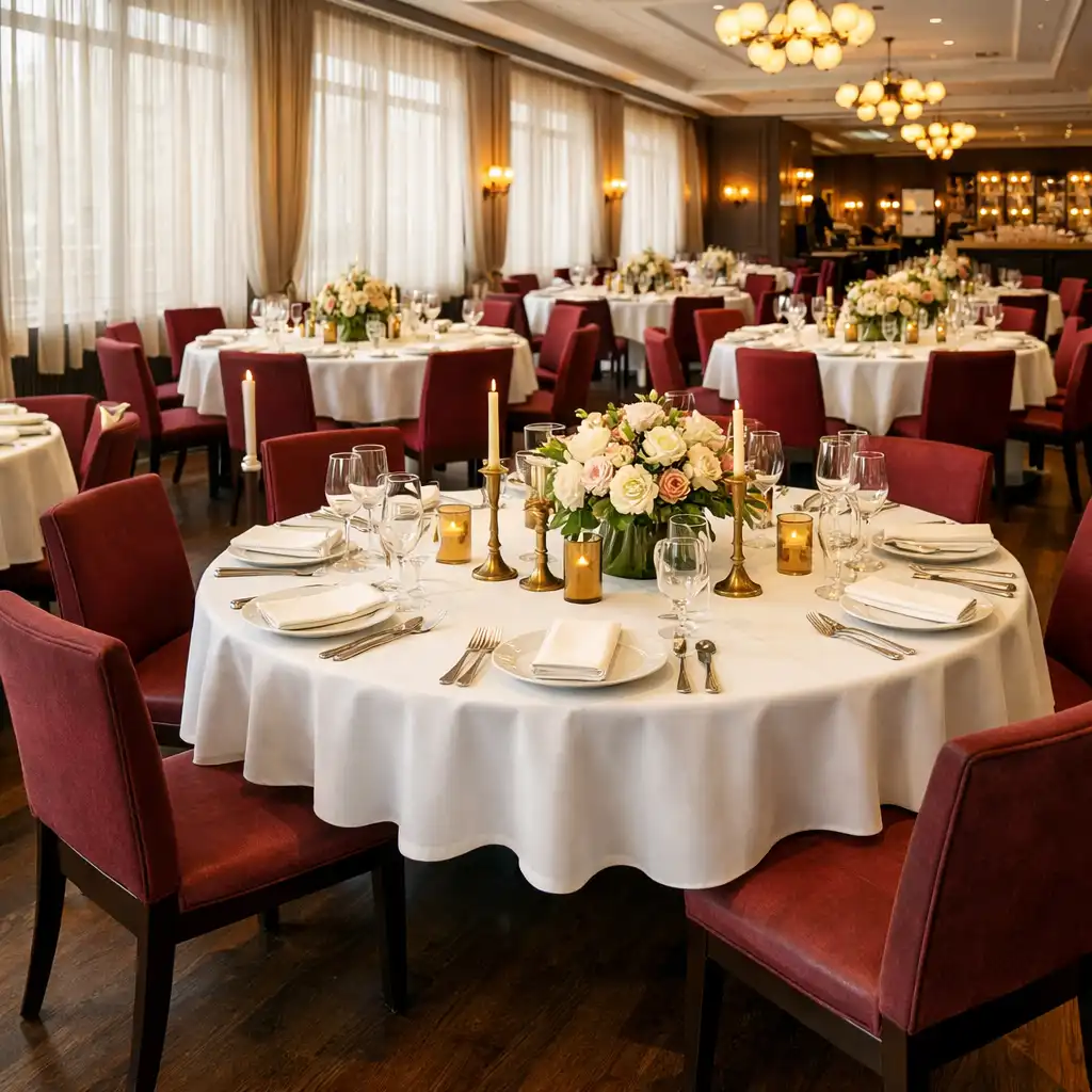 Main dining room at ADSIGHT LTD set for a large event with round tables and burgundy chairs