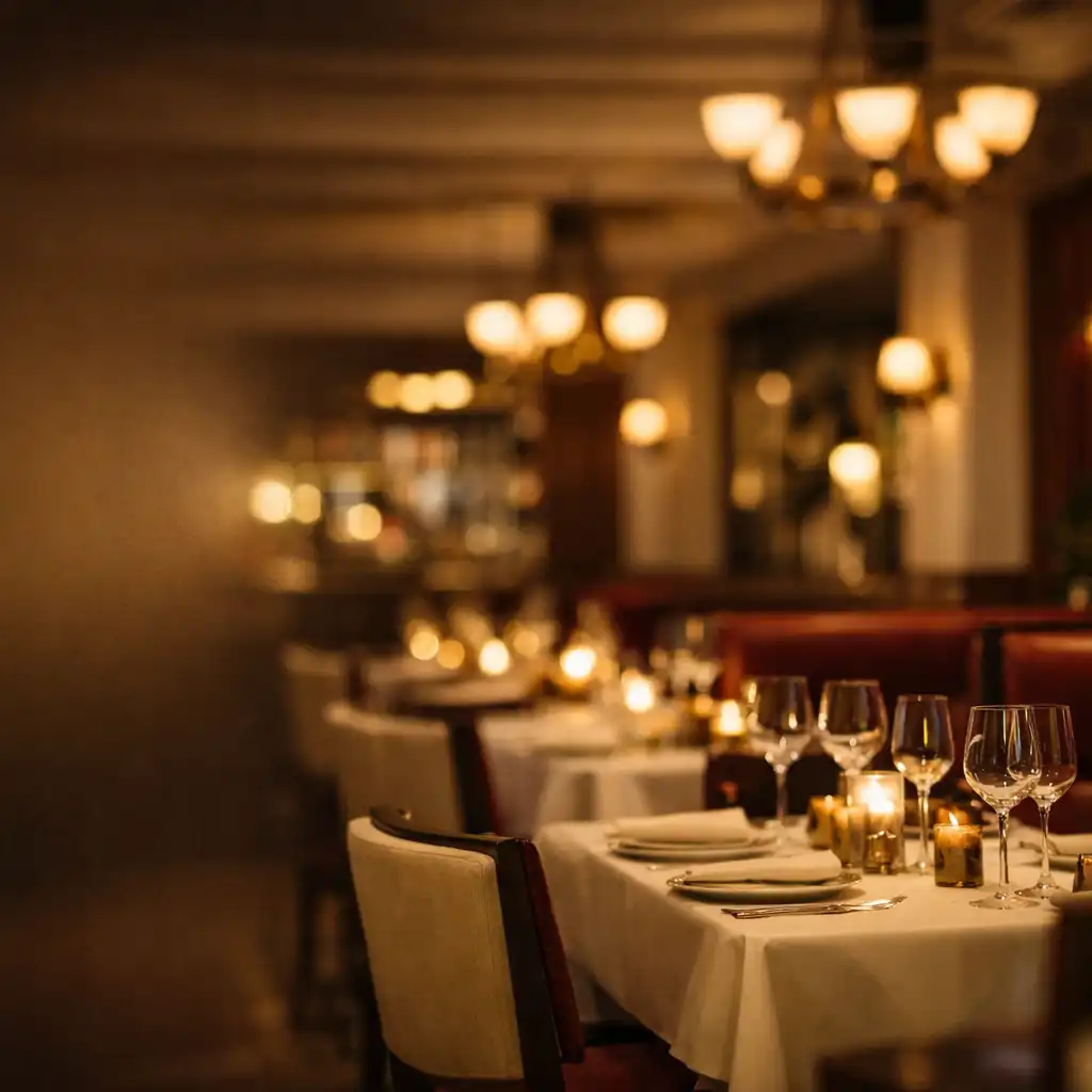 Atmospheric evening dining room at ADSIGHT LTD with warm brass lighting and elegant table settings