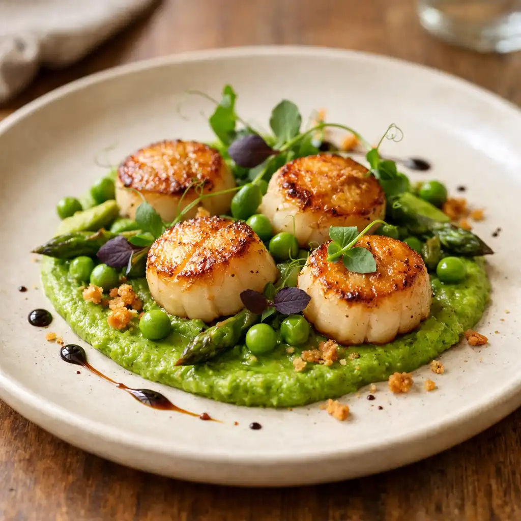 Seared scallops with pea purée and microgreens on a cream ceramic plate at ADSIGHT LTD