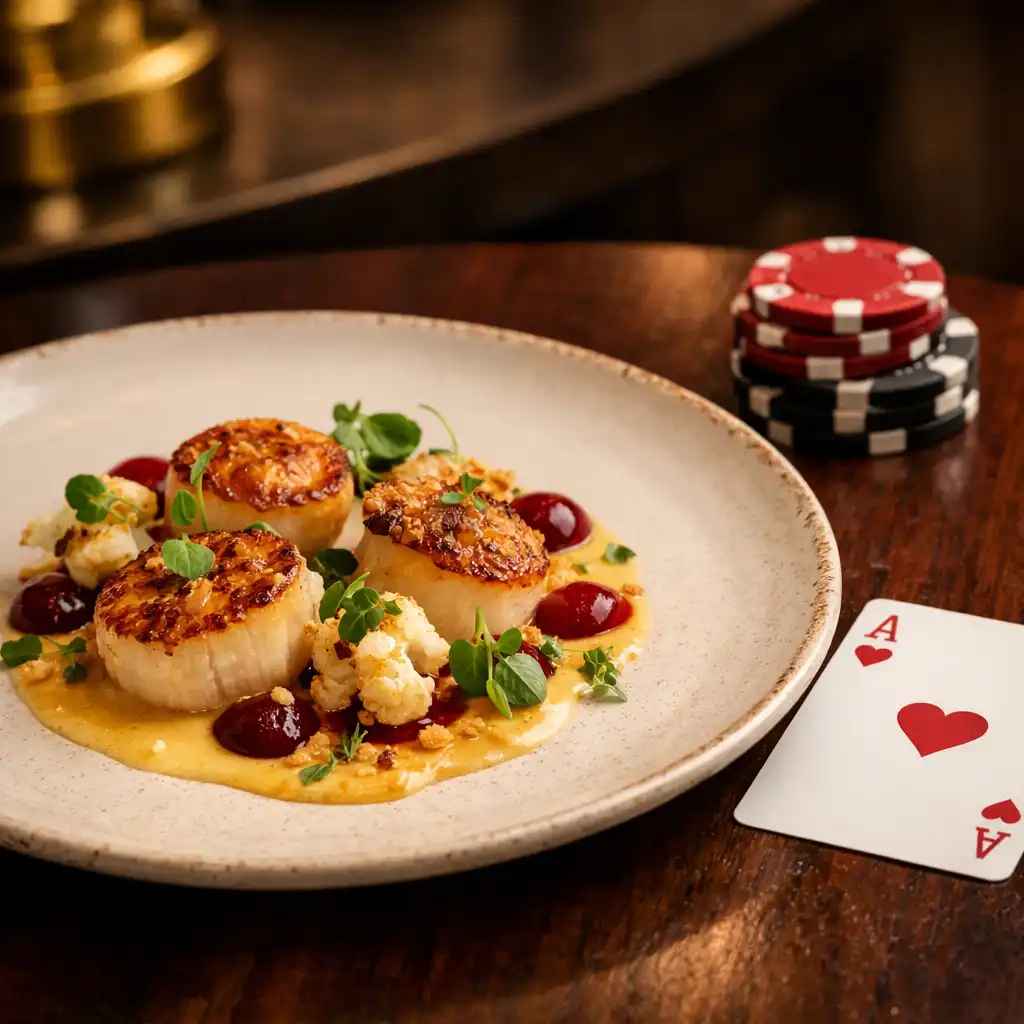 Seared scallops on a cream plate beside poker chips and a playing card