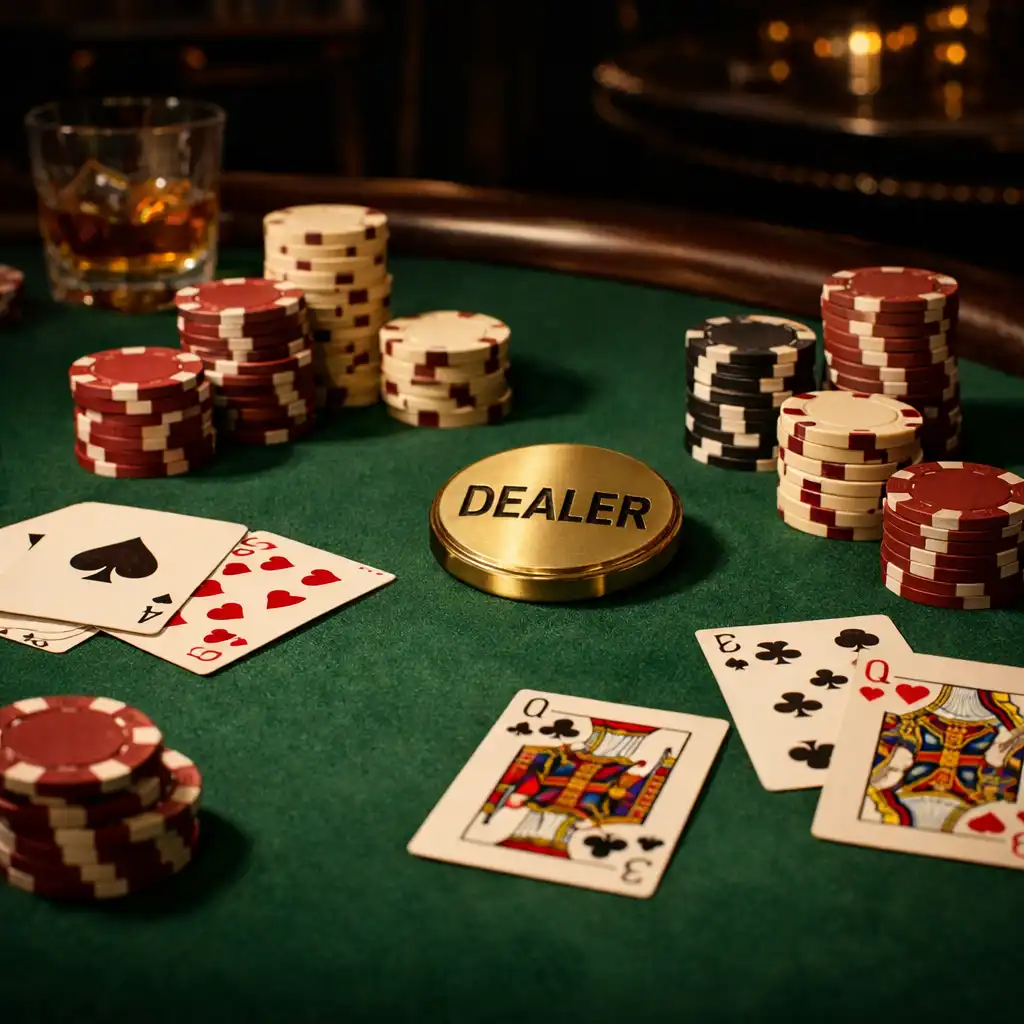 Elegant poker table with playing cards and chips in burgundy and cream
