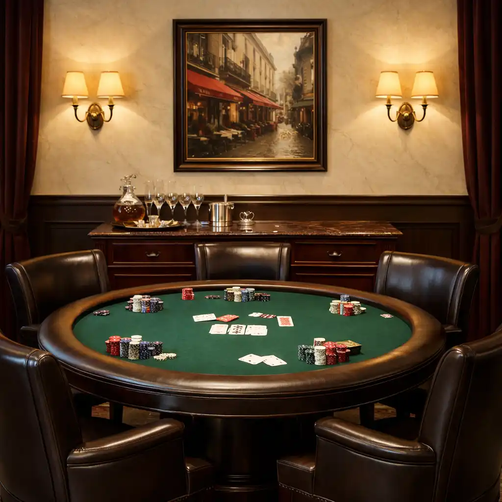 Elegant private poker room at ADSIGHT LTD with rich burgundy accents and warm lighting