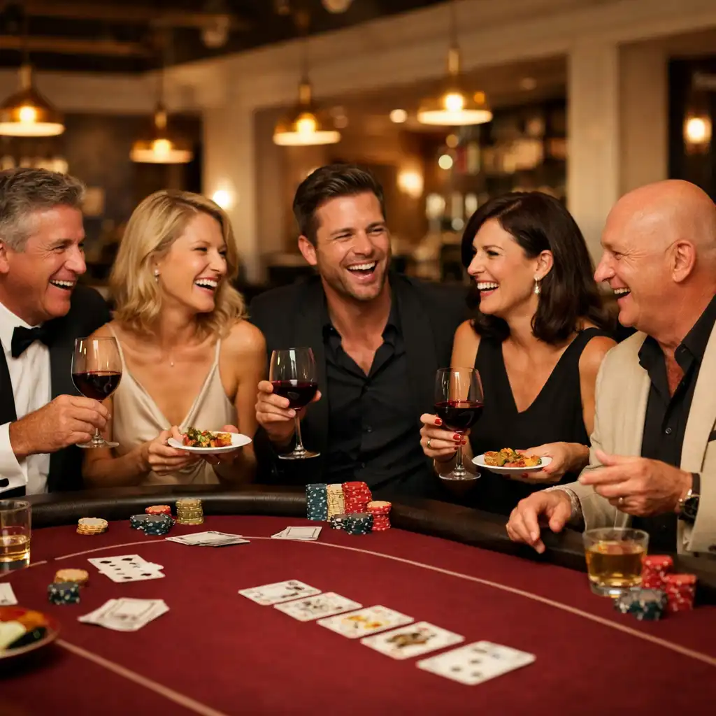 Guests laughing and dining together around a poker table at ADSIGHT LTD