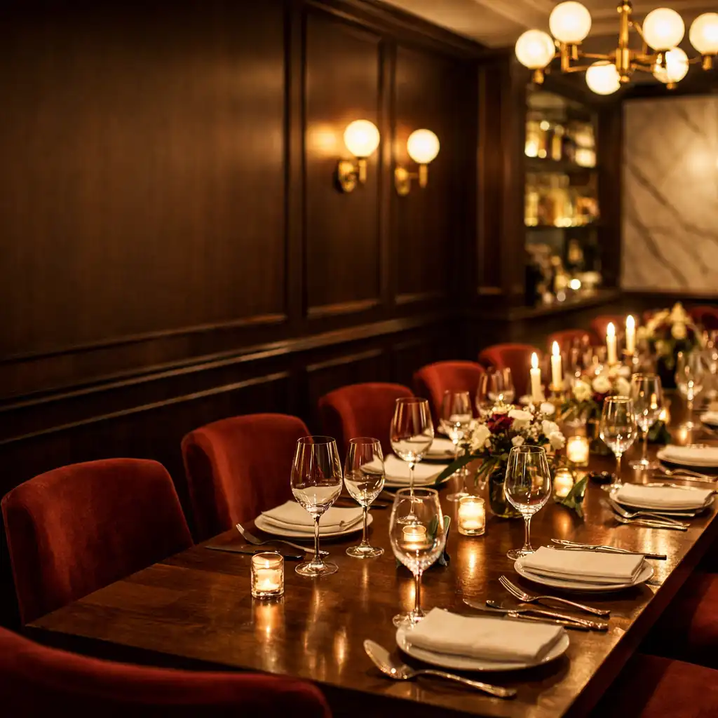 Private dining room with a long table set for twelve guests