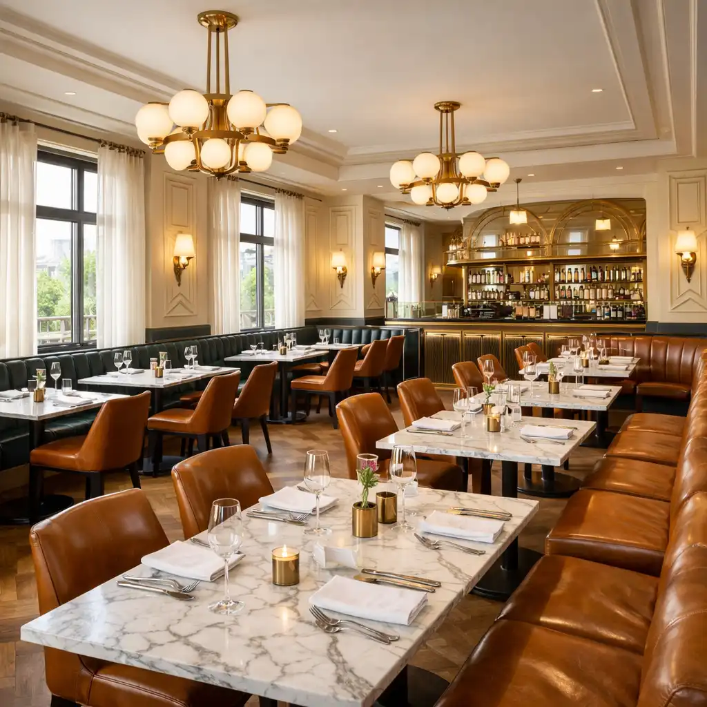 Wide view of the modern brasserie dining room with marble tables and brass light fixtures