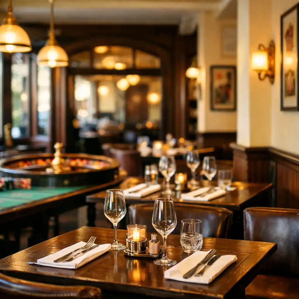 Warm interior of ADSIGHT LTD with dark wood tables, cream walls, and brass fixtures
