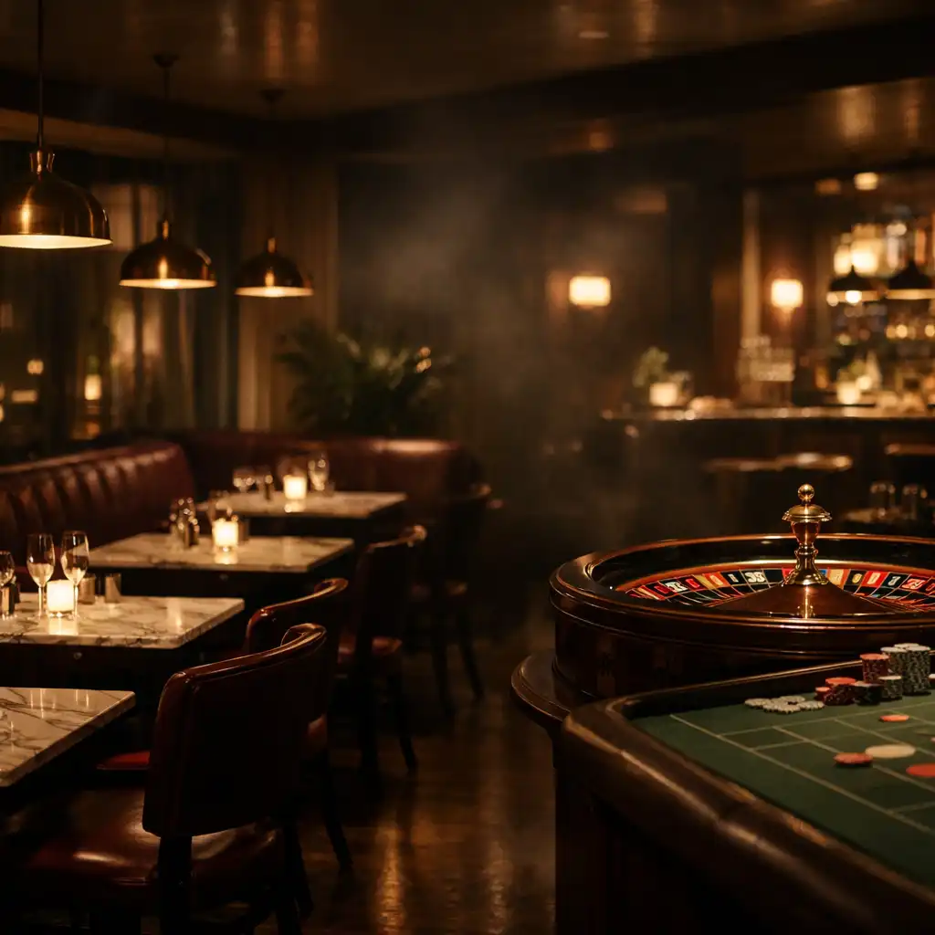 Elegant brasserie interior at night with a roulette table softly lit in the background