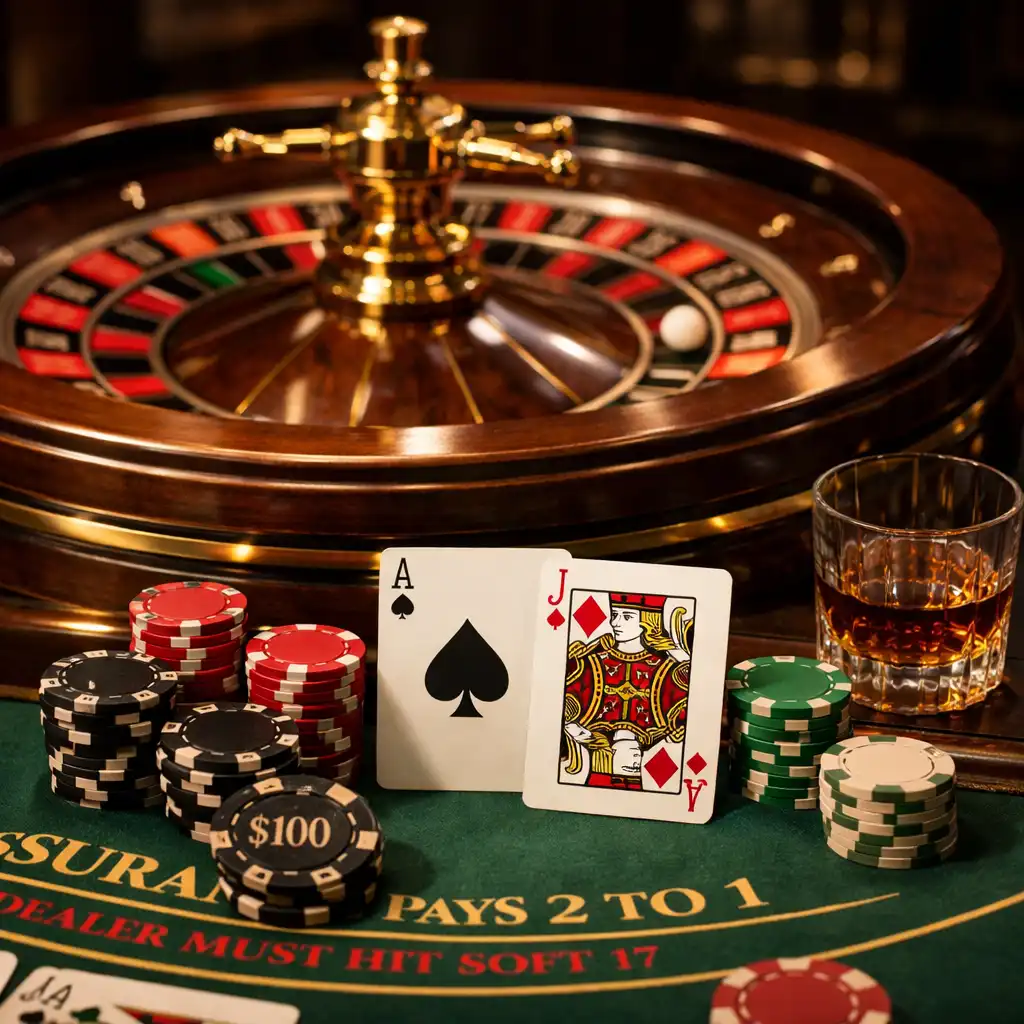 Roulette wheel and blackjack table with cards and chips in an elegant setting