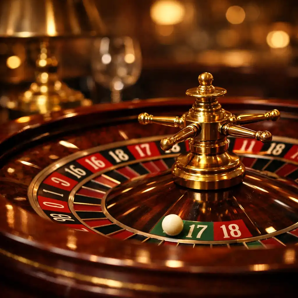 Close-up of a European roulette wheel on a polished table with warm restaurant ambience