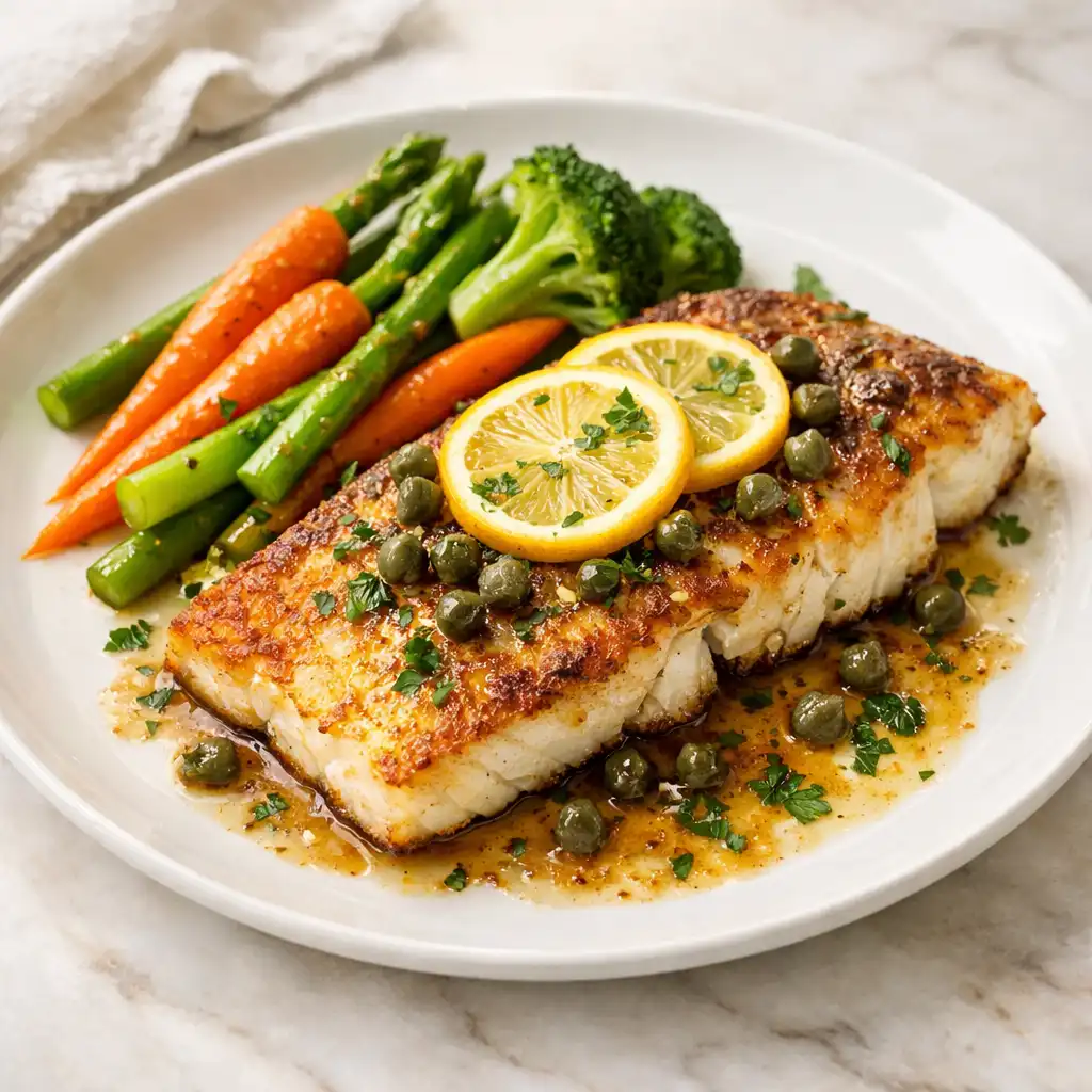 Barramundi meunière with brown butter, lemon, capers, and seasonal vegetables