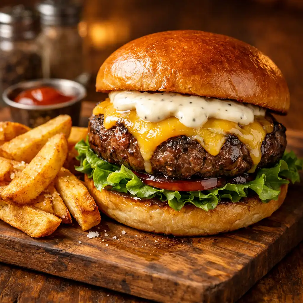 No. 21 Wagyu Burger with melted aged cheddar, truffle aioli, and hand-cut chips
