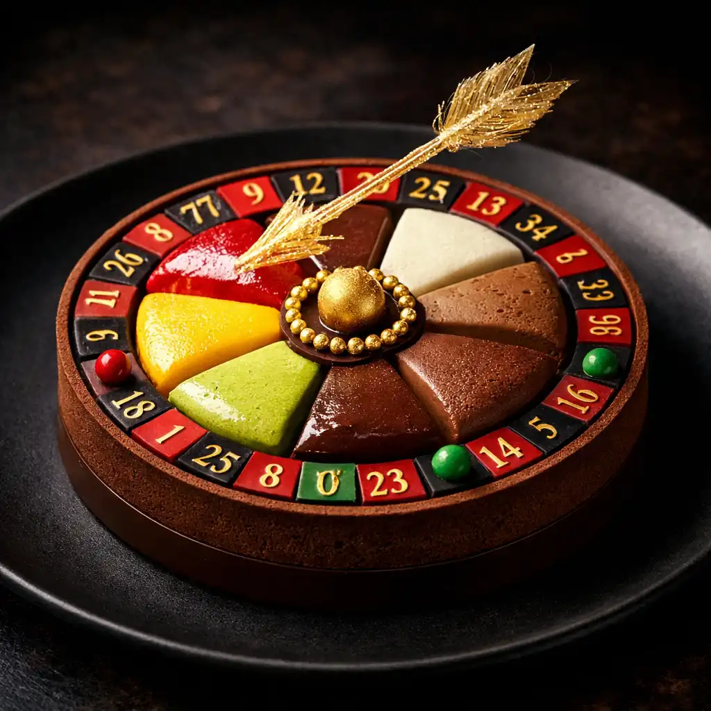 Roulette Wheel Dessert with chocolate wheel, assorted mousses, and spun sugar arrow