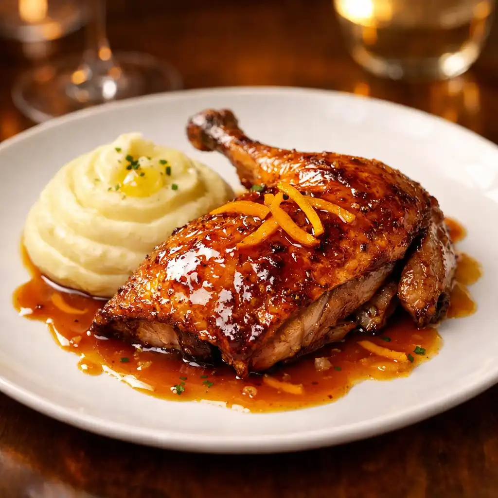 Roasted duck à l'orange with pommes purée and orange glaze