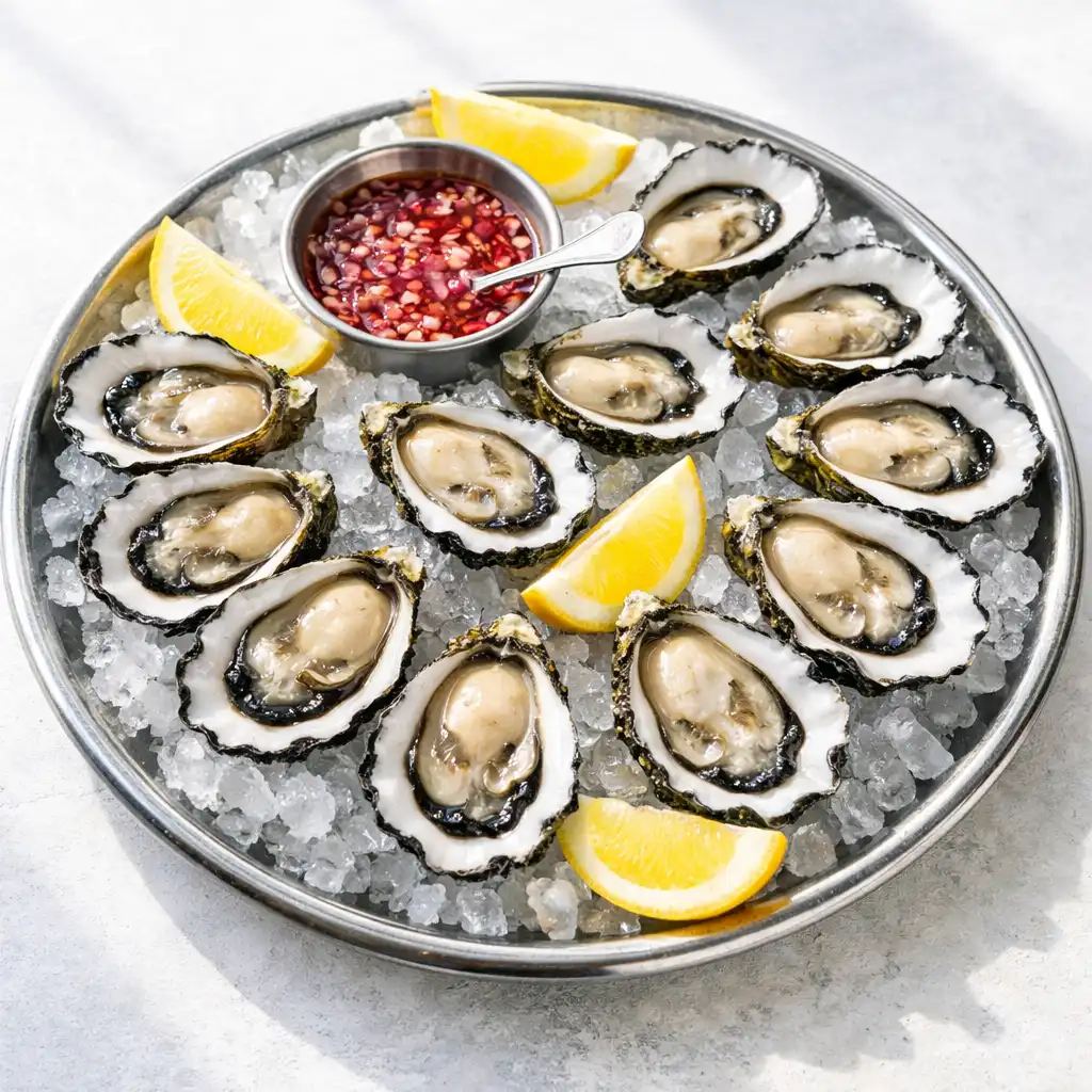 Sydney rock oysters with mignonette sauce and lemon