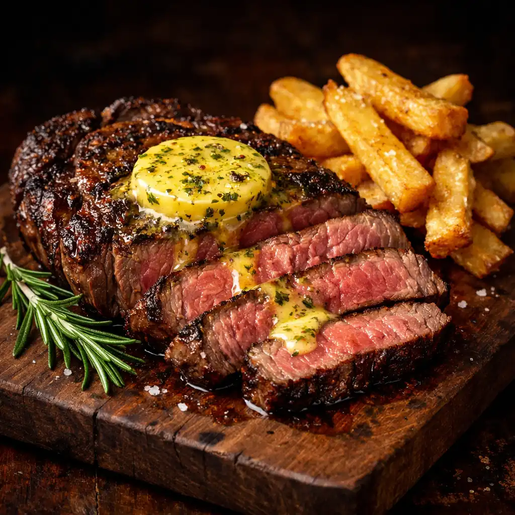 Dry-aged ribeye steak with café de Paris butter and hand-cut chips