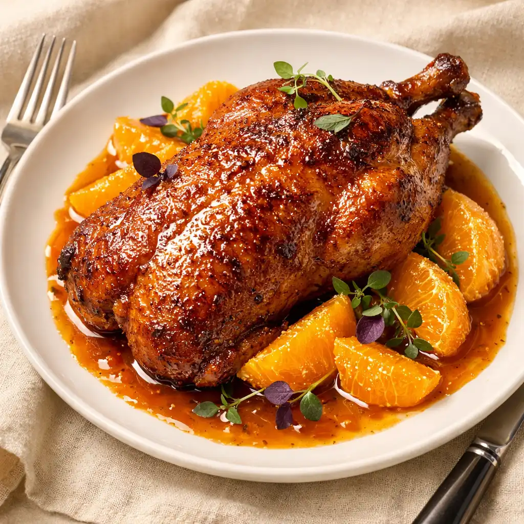 Roasted duck à l'orange with glossy orange sauce, orange segments, and micro herbs