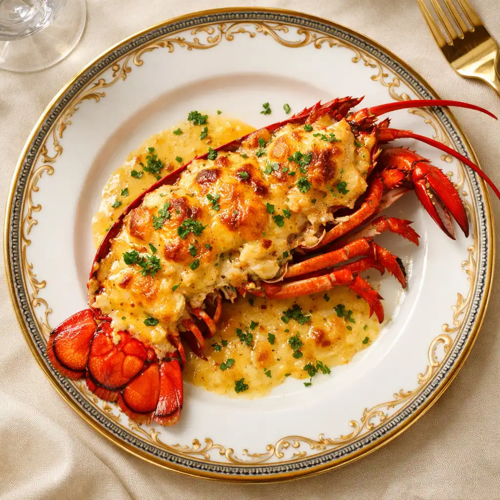 Lobster Thermidor with golden cognac cream sauce presented in its shell