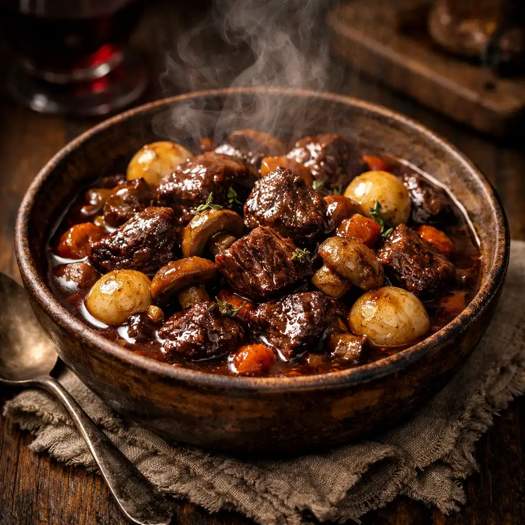 Wagyu beef bourguignon with tender beef, mushrooms, pearl onions, and red wine sauce