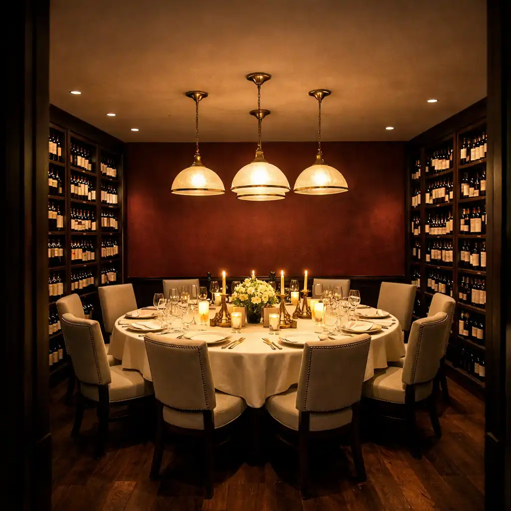 The Wine Room private dining space surrounded by wine racks and a round table set for ten guests
